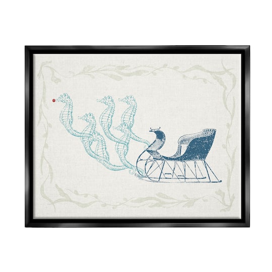 Stupell Industries Seahorse Santa Sled Nautical Christmas Framed Floater Canvas Wall Art
